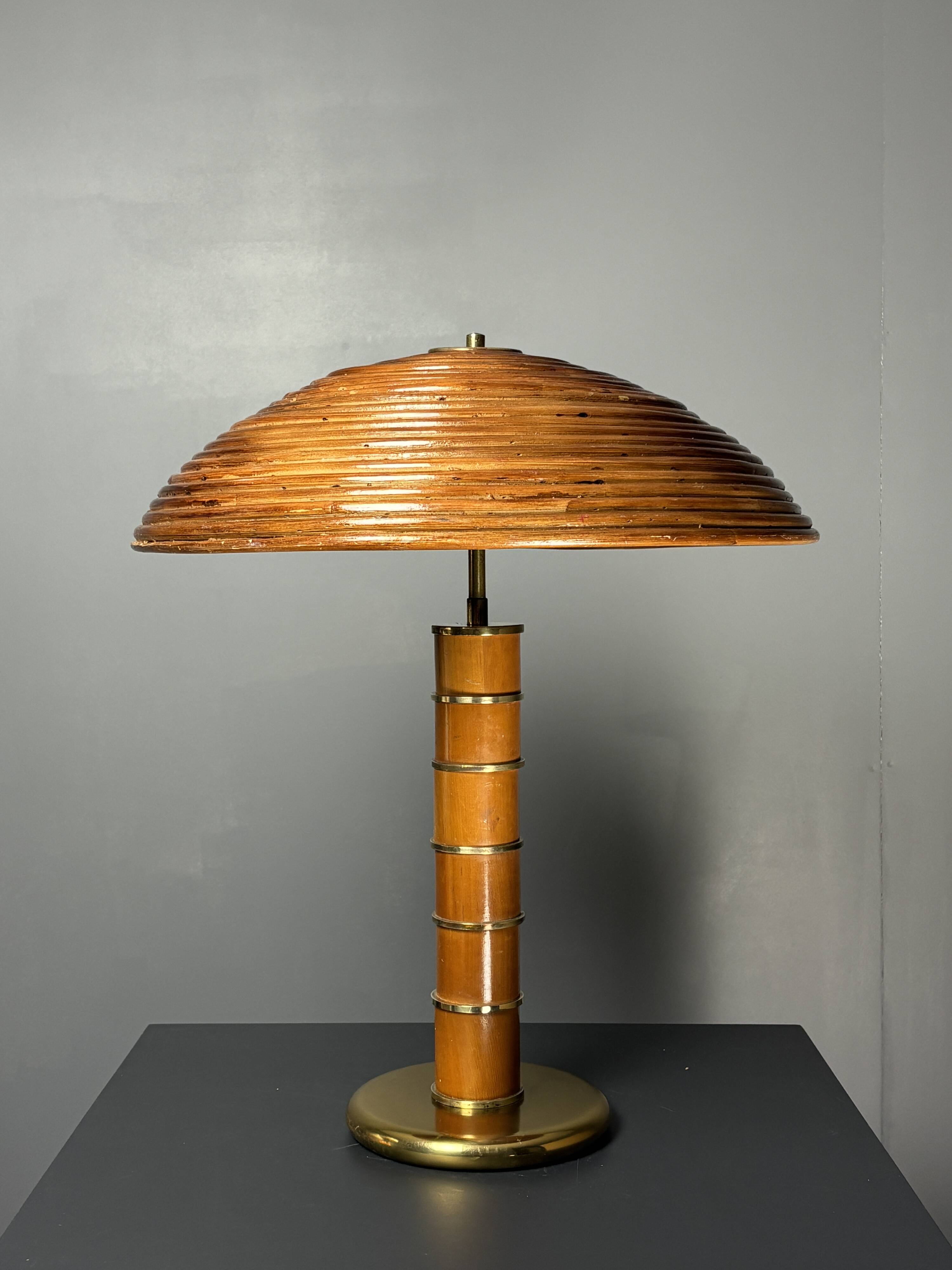 Midcentury pencil reed rattan bamboo and brass table lamp, 1960s