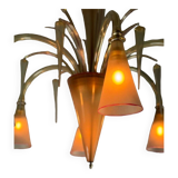Venetian chandelier in beige/gray murano glass bordered with a red net