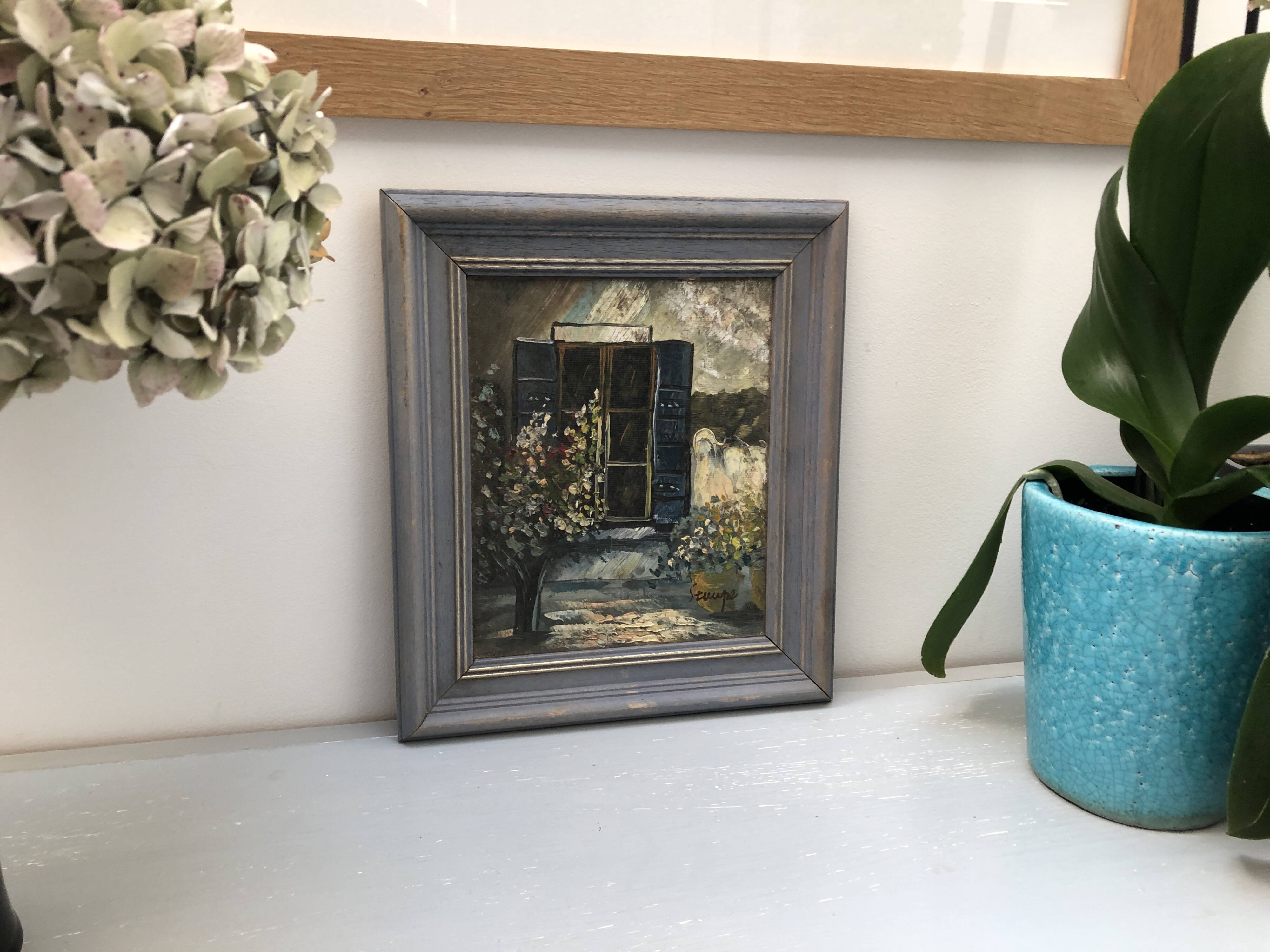 Oil painting on canvas Landscape with blue shutters