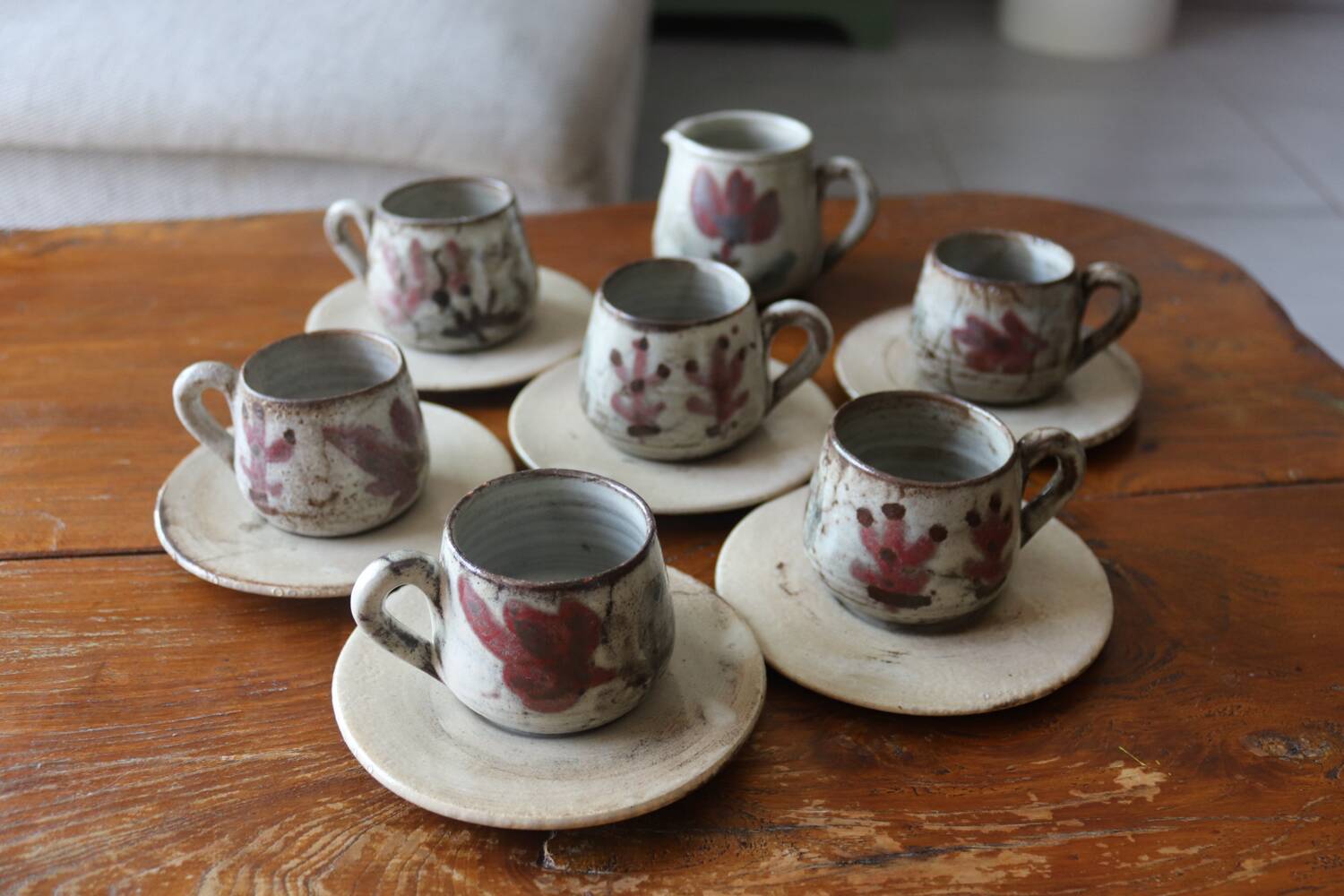 Stoneware coffee service signed Gustave Le Murier – 6 cups, 6 saucers