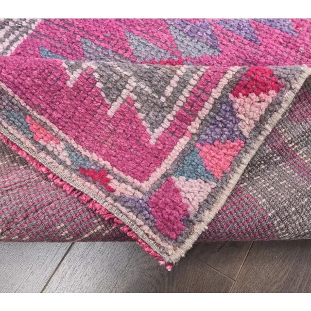 Pink-gray vintage Turkish hand-knotted tribal runner 79x390