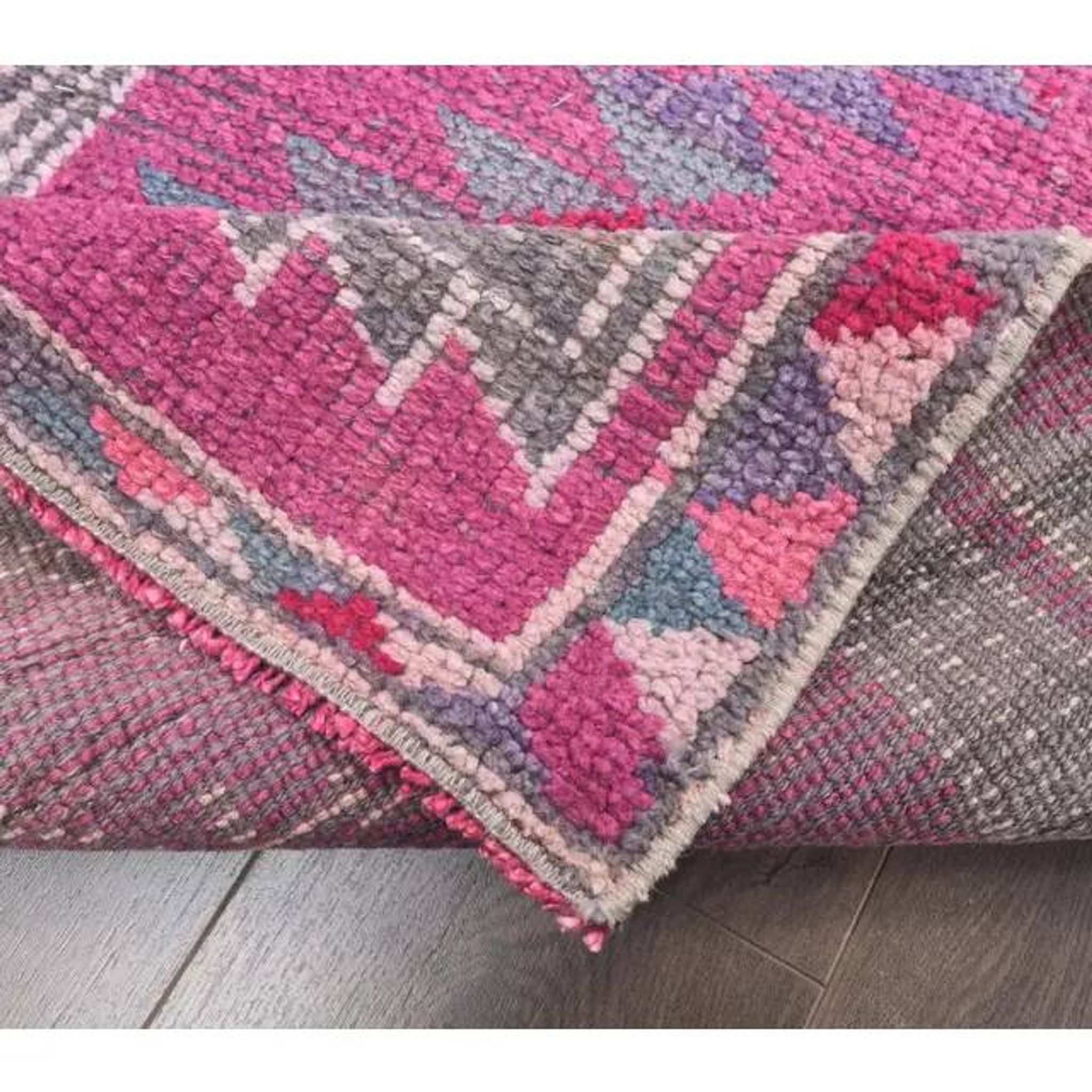 Pink-gray vintage Turkish hand-knotted tribal runner 79x390