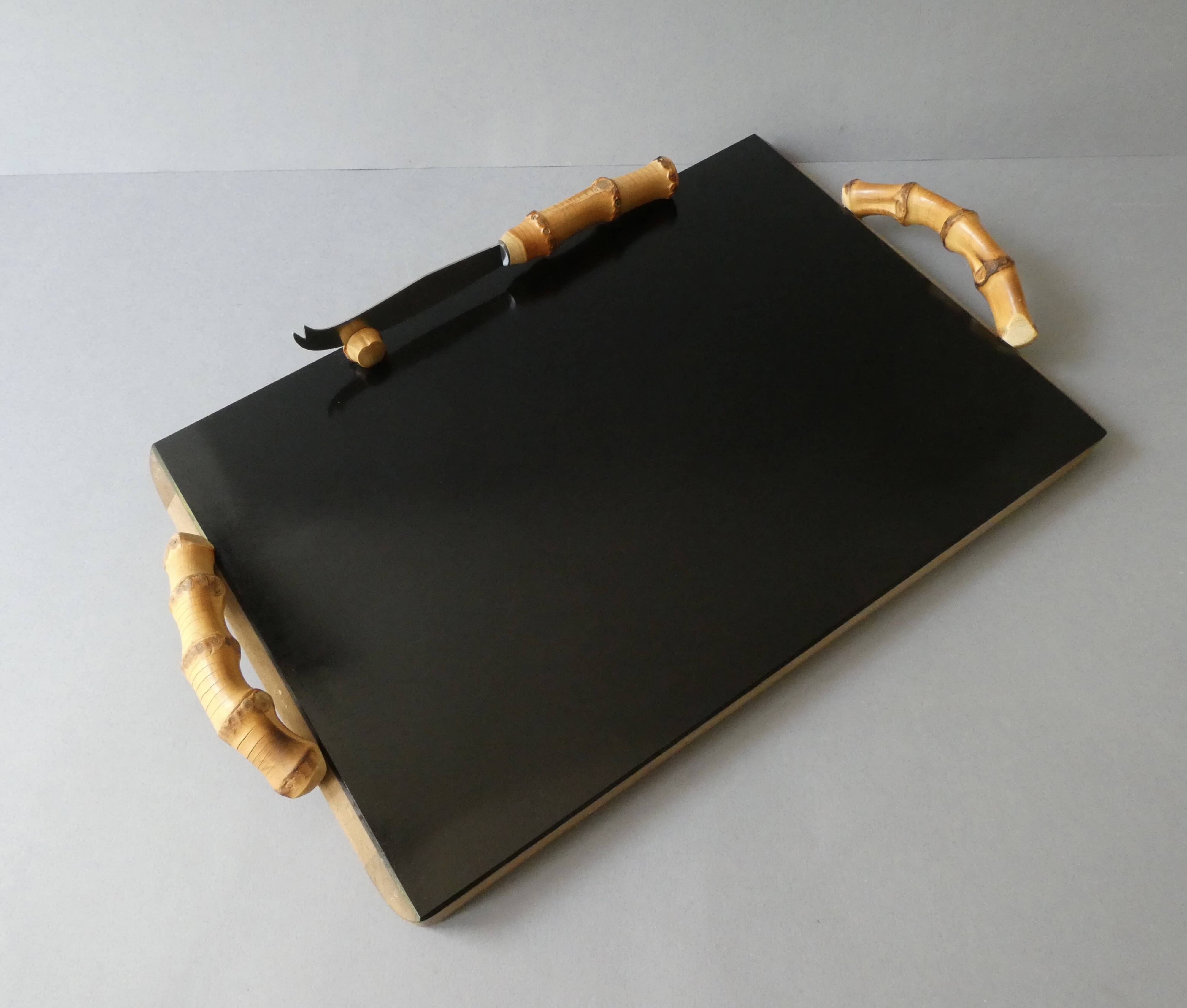 Wooden cheese board, bamboo handles, signed