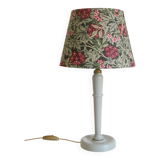 Vintage table lamp, wooden base and antique printed lampshade