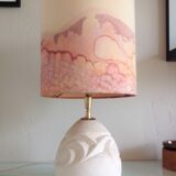 Ovoid lamp in carved stone and printed lampshade / vintage 60-70s