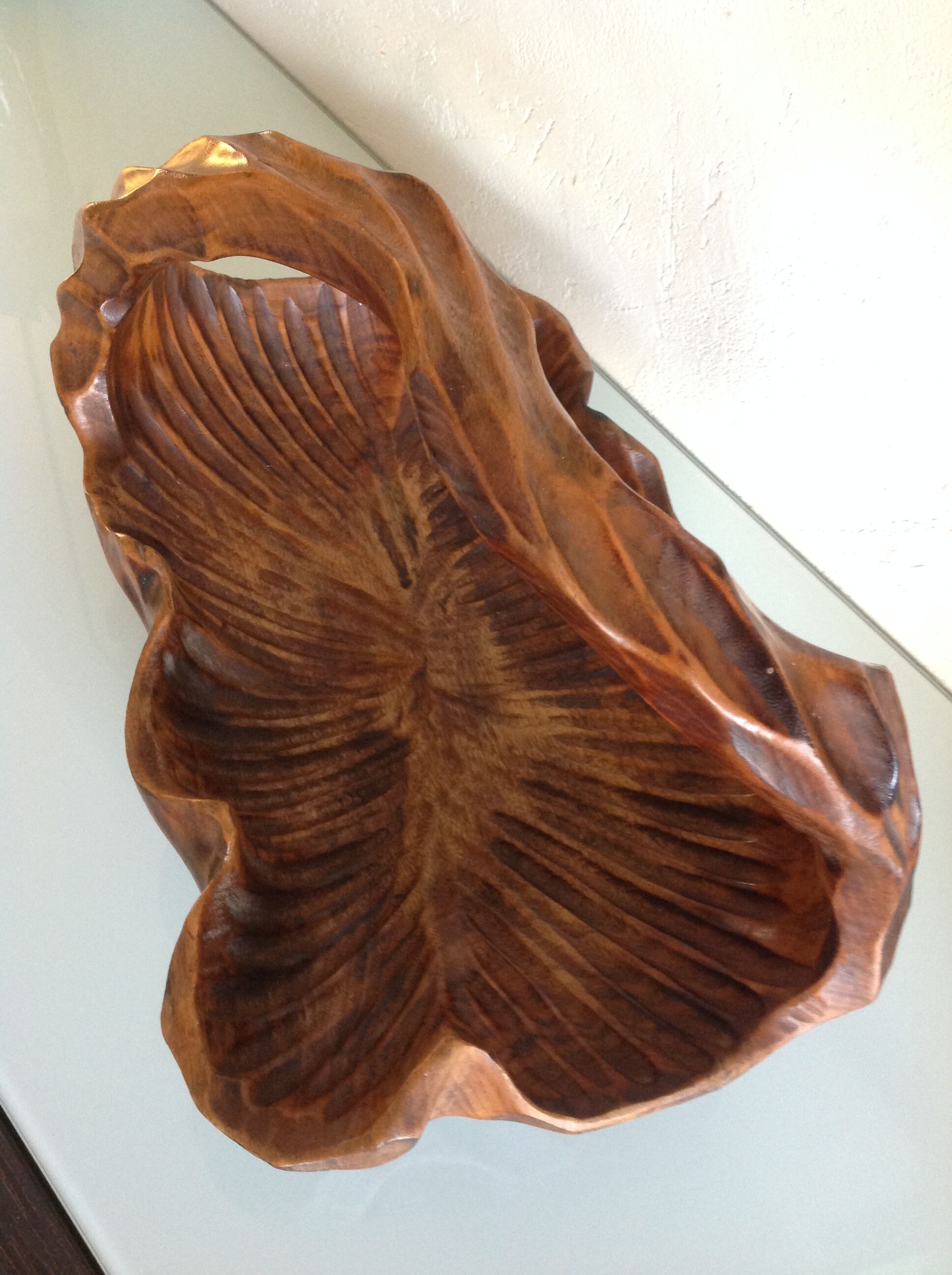 Brutalist carved wood fruit basket / vintage 60s-70s