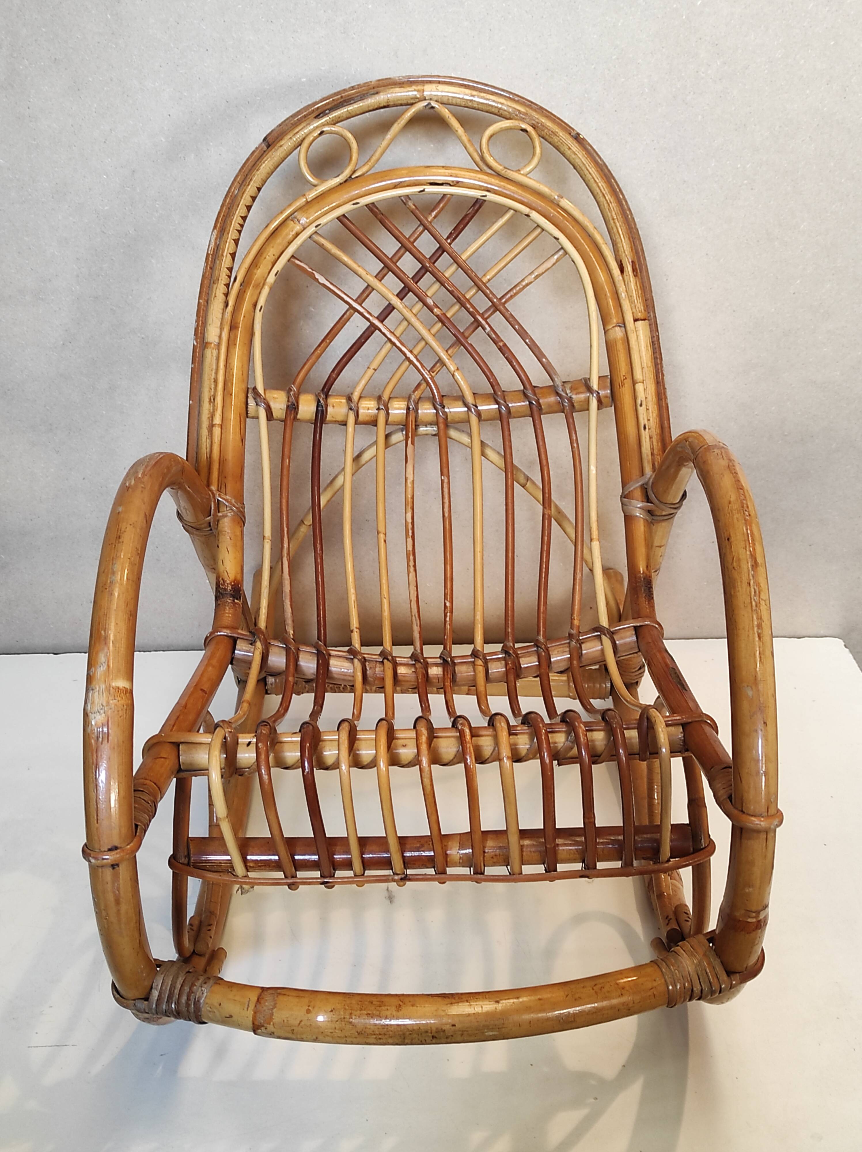 Old Italian vintage rattan rocking chair for children