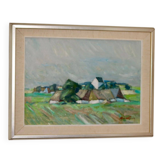 Peinture à l'huile sur toile suédoise du milieu du siècle " Paysage " de Carl Berndtsson -- Vintage et encadrée