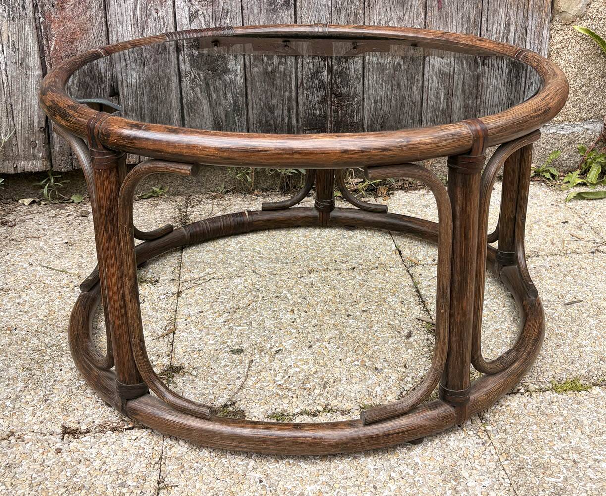 Rattan & glass coffee table “Riviera 70” – round, lightweight, bohemian chic style