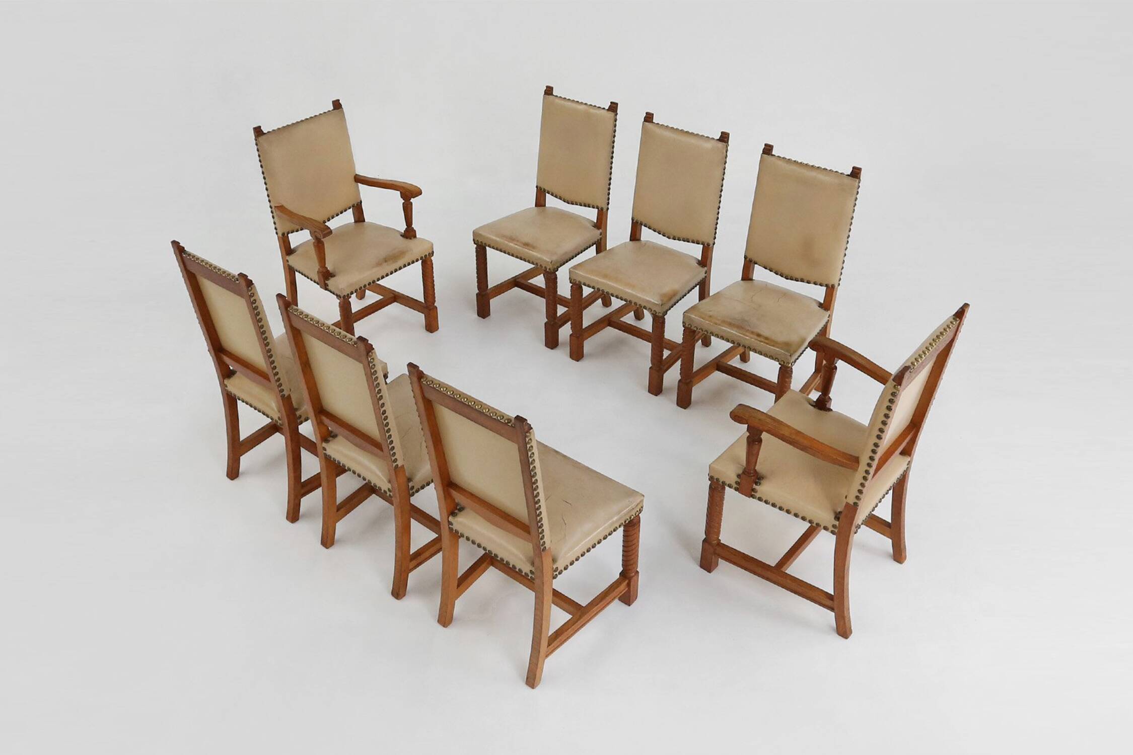 Art Deco Dining Room Chairs in Oak and Leather, 1940s, Set of 8