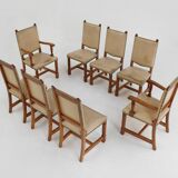 Art Deco Dining Room Chairs in Oak and Leather, 1940s, Set of 8