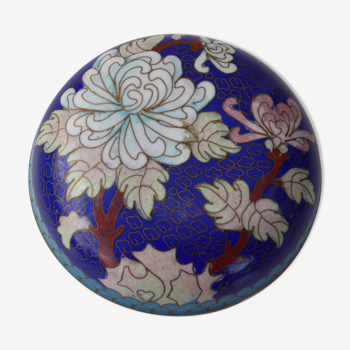 Boite ronde en émaux cloisonnés originaire d'Asie ancienne, bleue avec motif floral