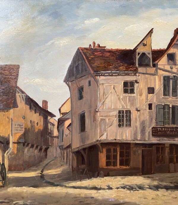 Tableau HSP ''Rue Gambay Vieux Troyes'' commerce en 1910 HSP signé + cadre