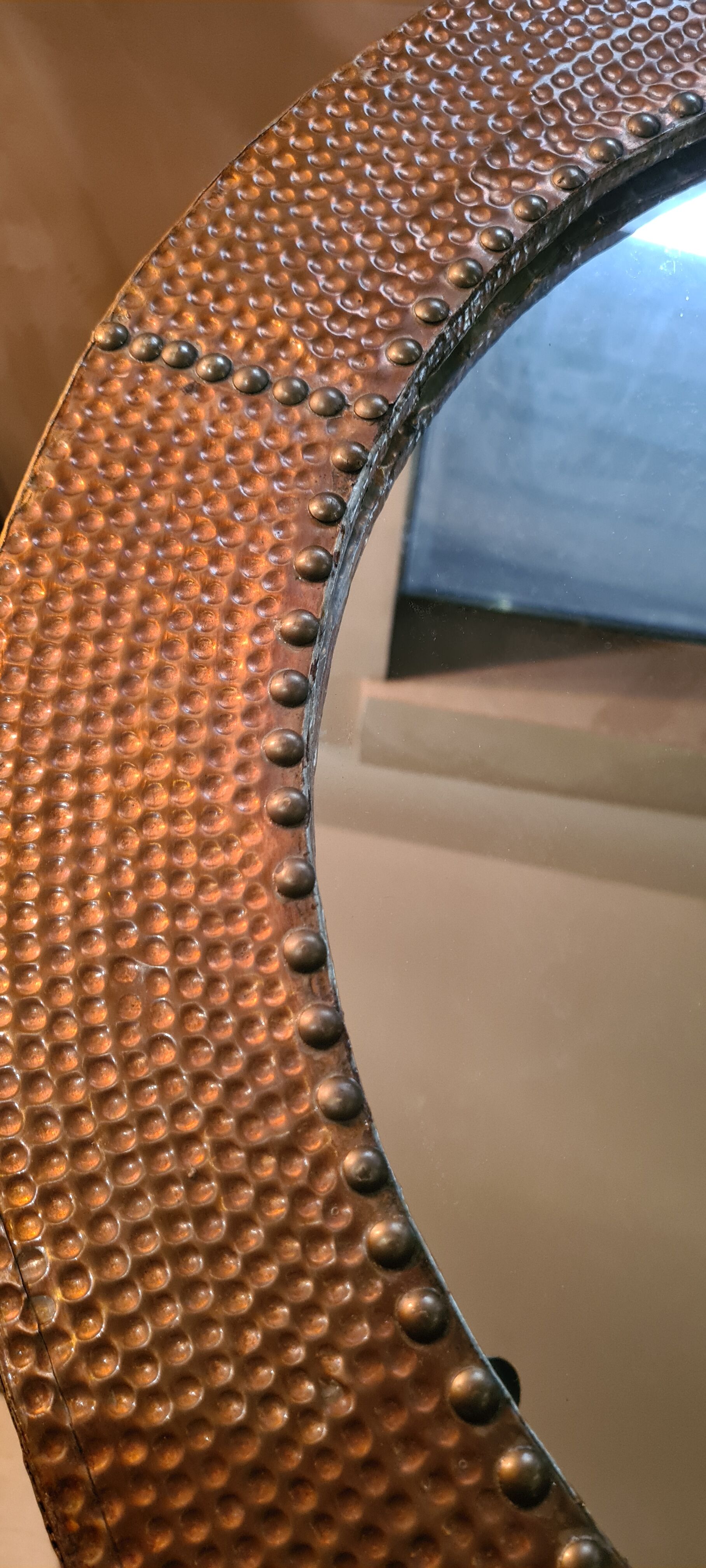 Mirror 1970 frame copper plate hammer and studded on wood 62x62 glass 45x45