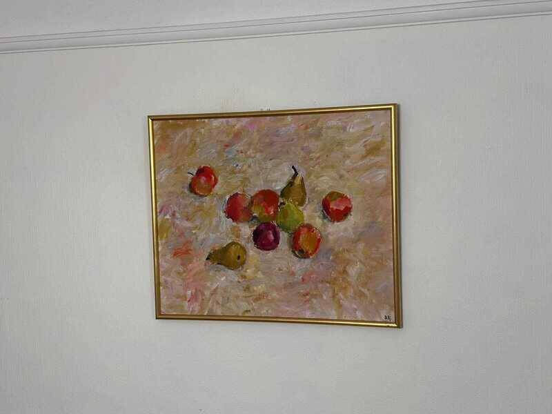 Original Swedish oil on canvas – “Frukt” by Bente Bjerregaard – dated 1989 – vintage & framed 59 × 70 cm