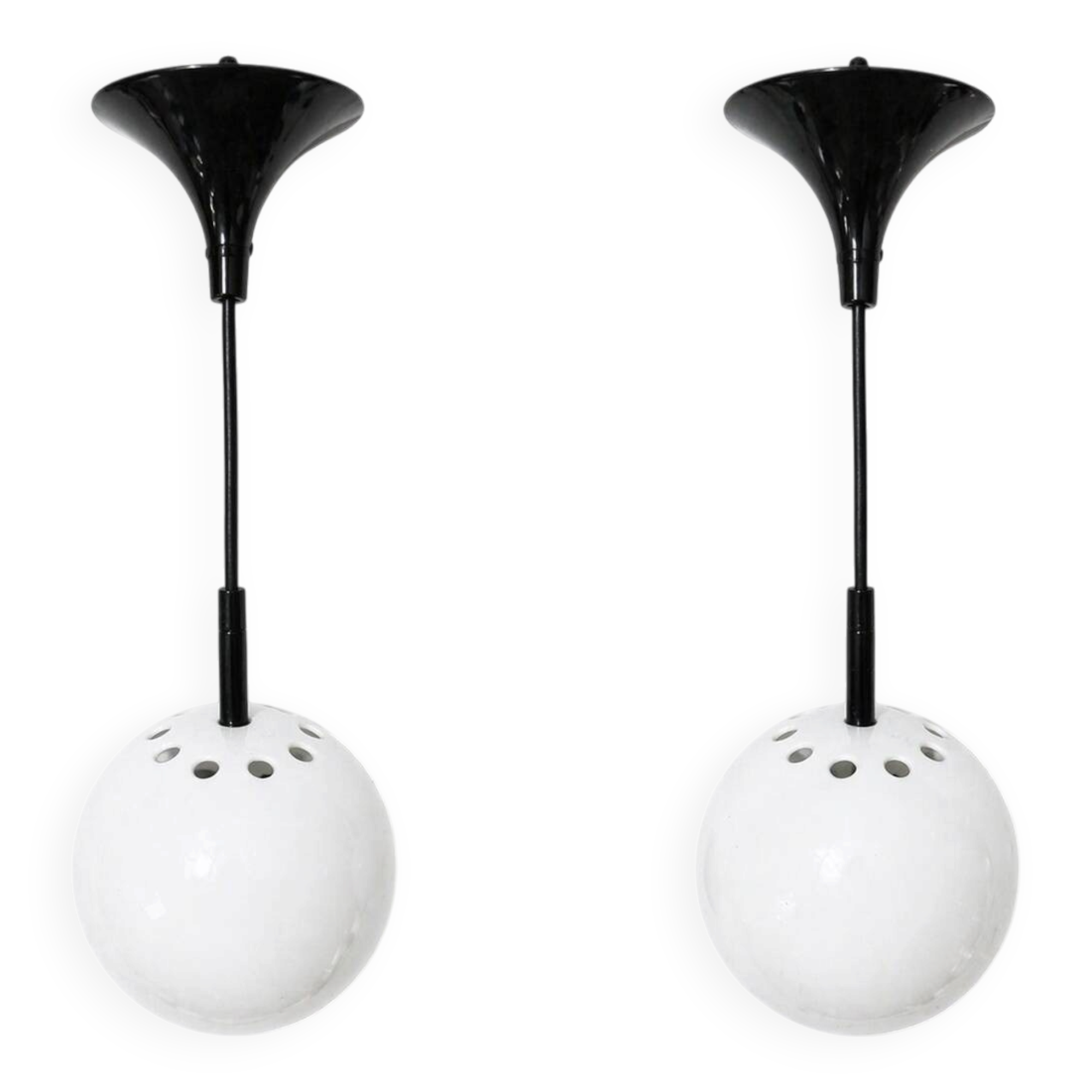 Two white metal globe pendant lights, 1970s.