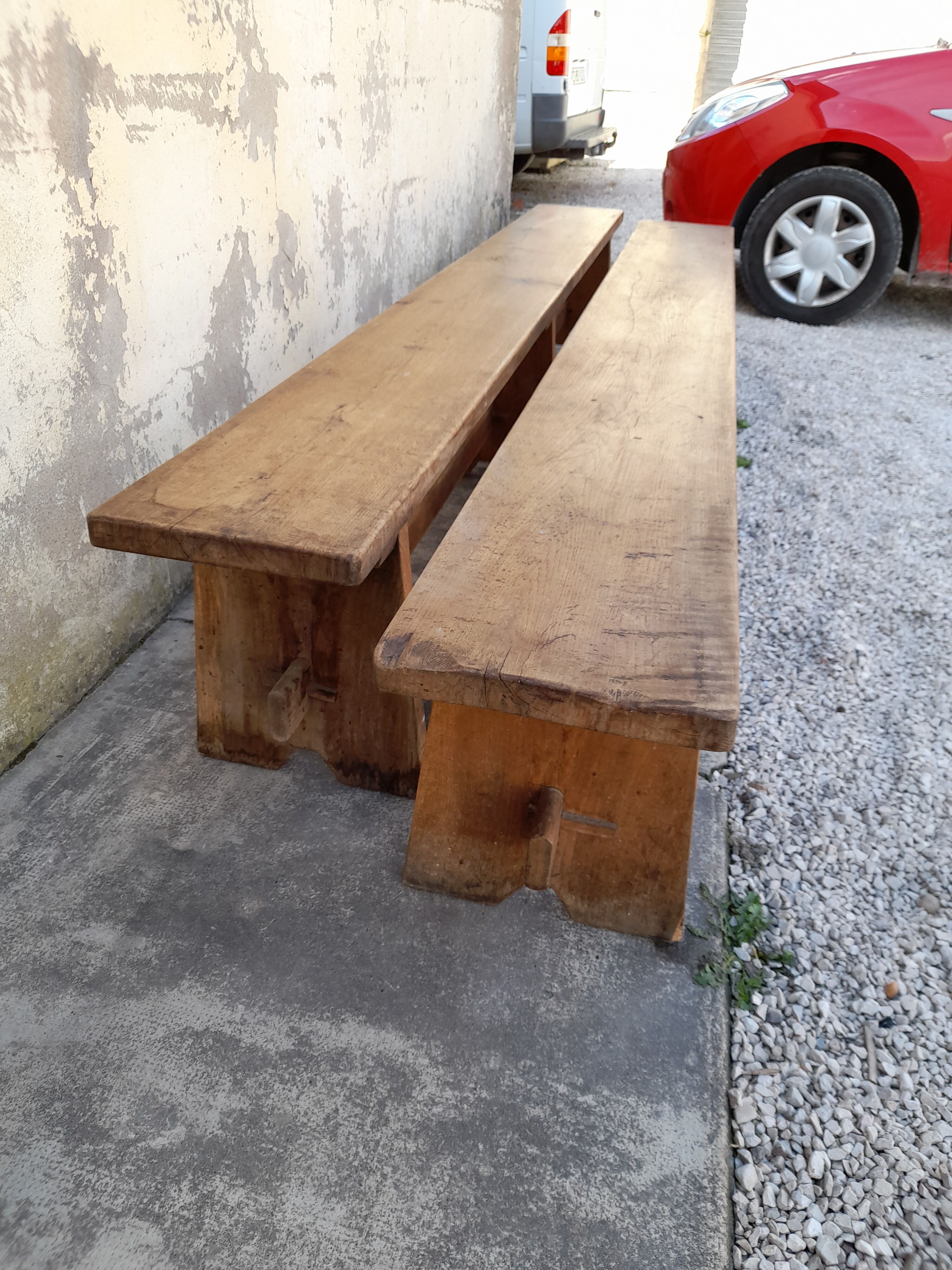Pair of oak old farm benches 2m71