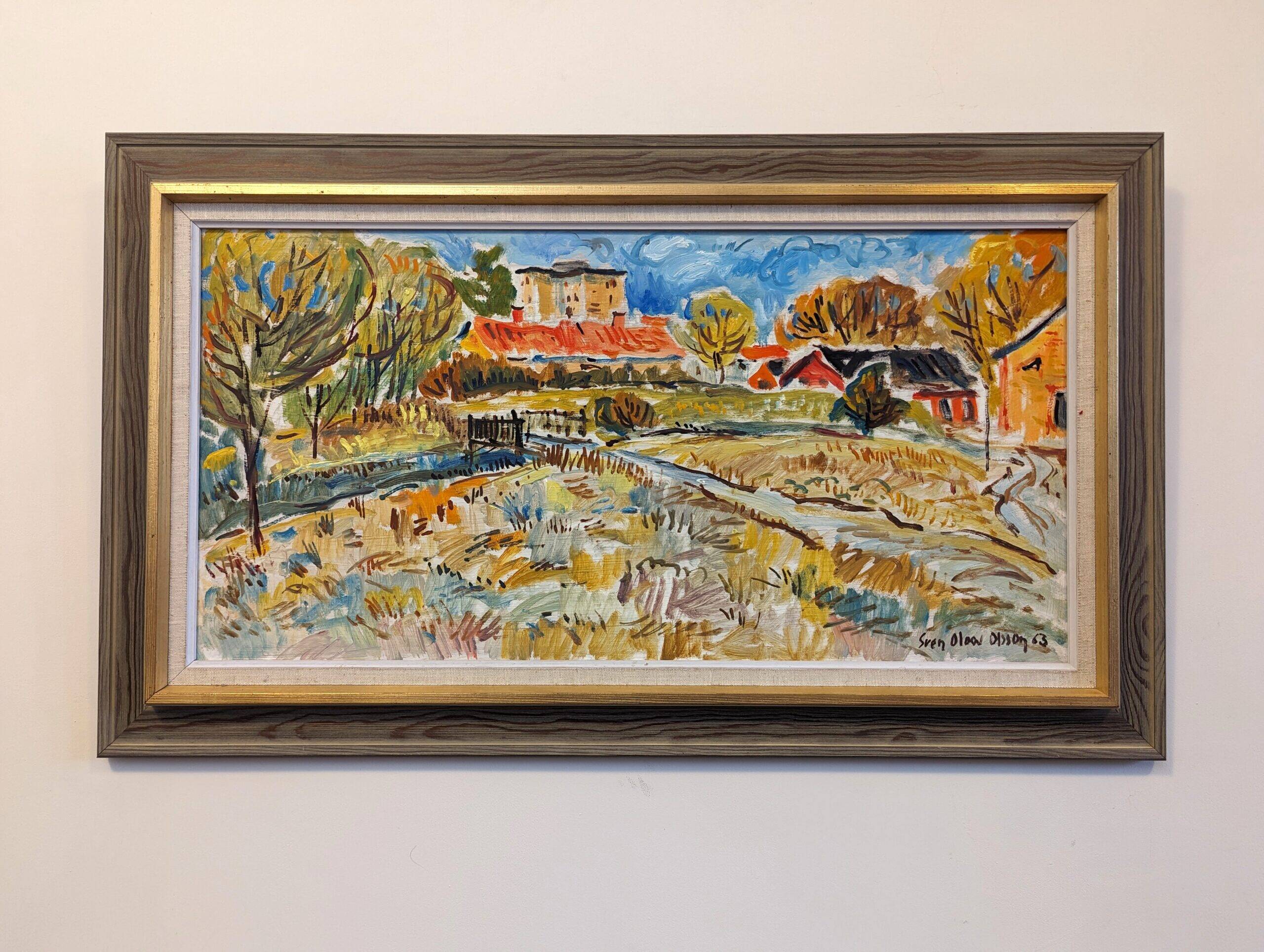 Mid-Century Modern Swedish "Fauvist Field" Vintage Landscape Oil Painting, Framed