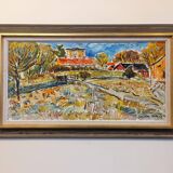 Mid-Century Modern Swedish "Fauvist Field" Vintage Landscape Oil Painting, Framed