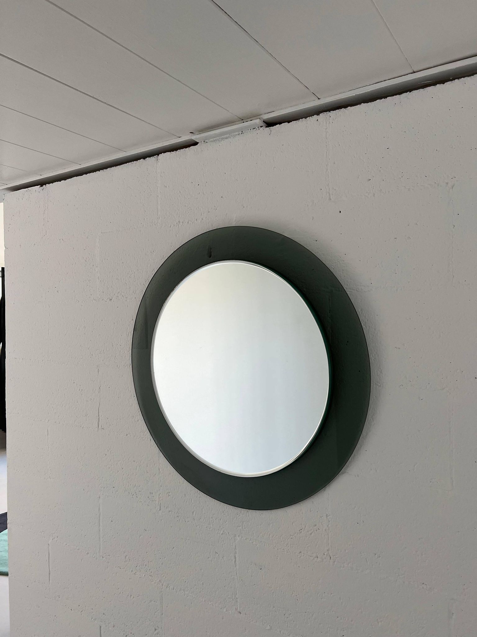 Decorative round wall mirror in smoked glass, Space Age Italian collectible