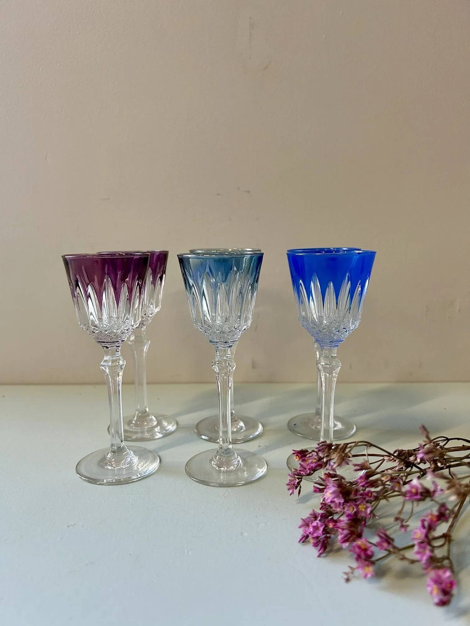 6 antique cut crystal liqueur glasses