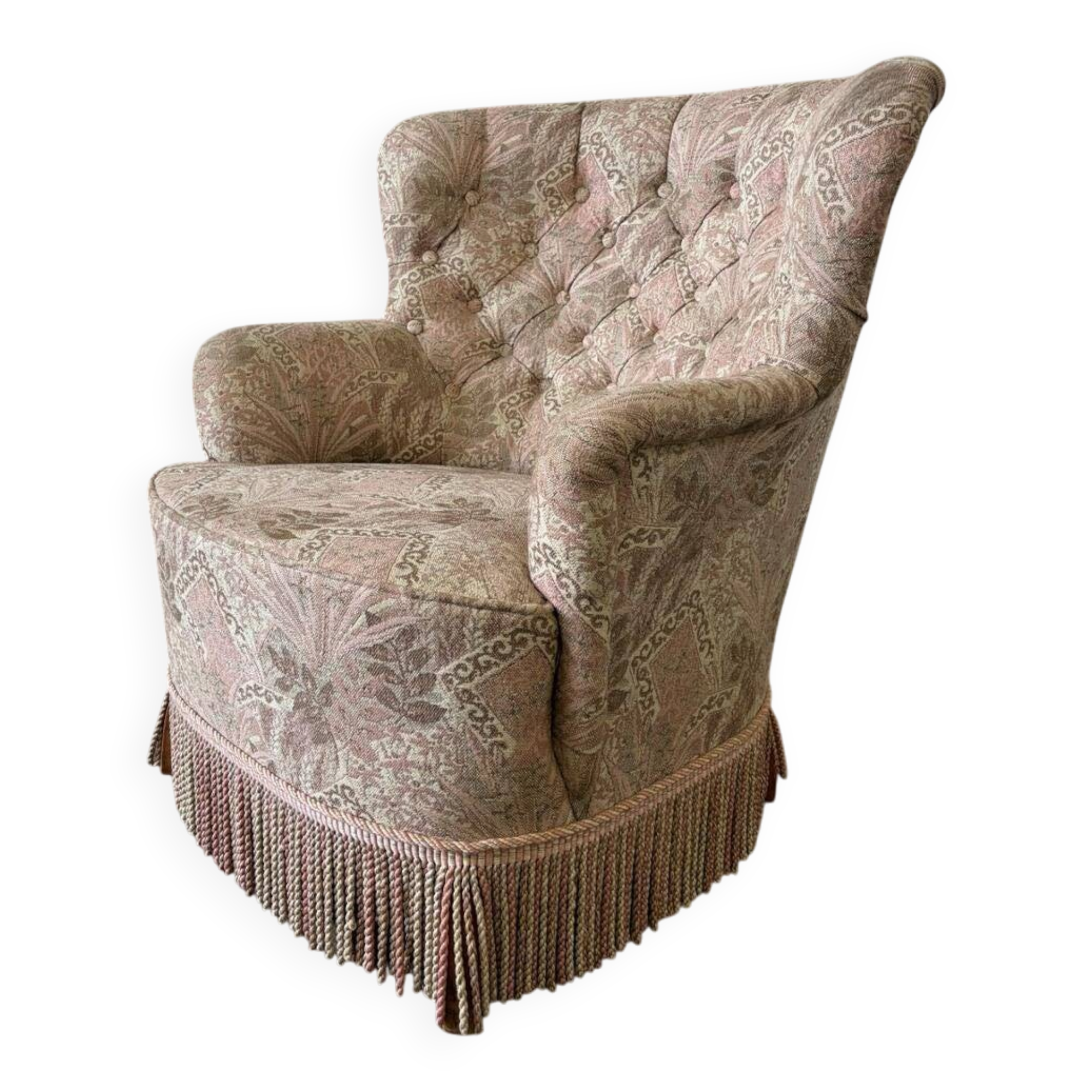 Fauteuil vintage rose clair à fleurs / fauteuil une place avec franges