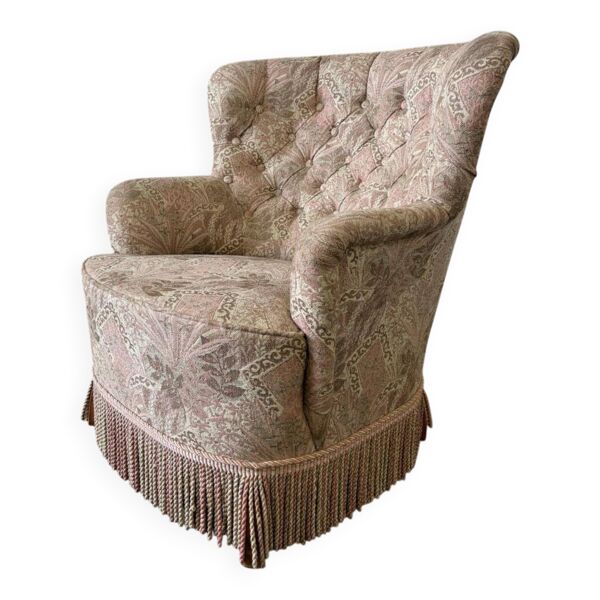 Fauteuil vintage rose clair à fleurs / fauteuil une place avec franges — Beyit