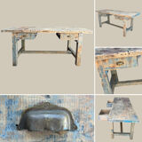 Blue patina beech drawer console established in 1940.