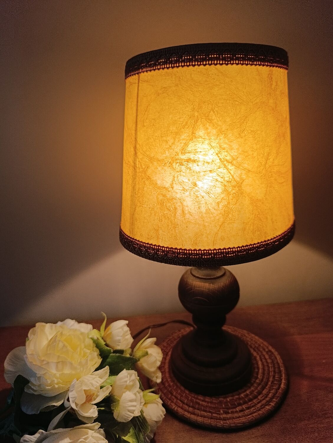 rustic chic turned wooden bedside lamp, leather shade