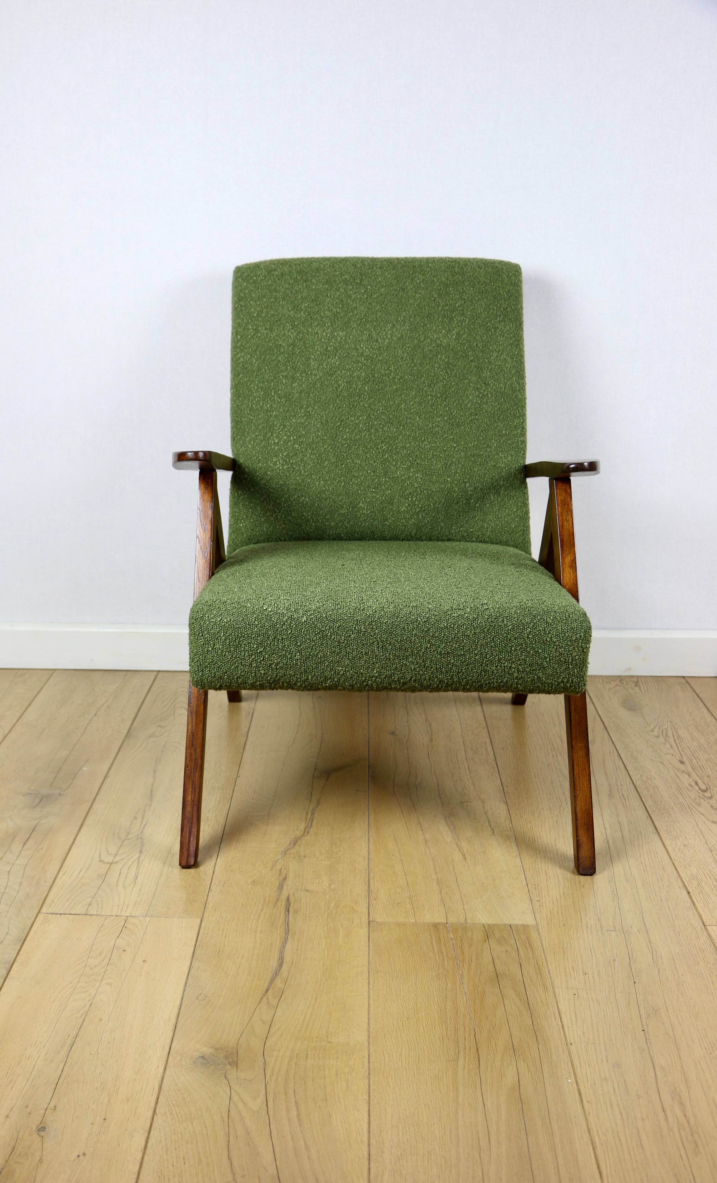 Vintage armchair B-310 VAR green boucle dark structural wood 1970s