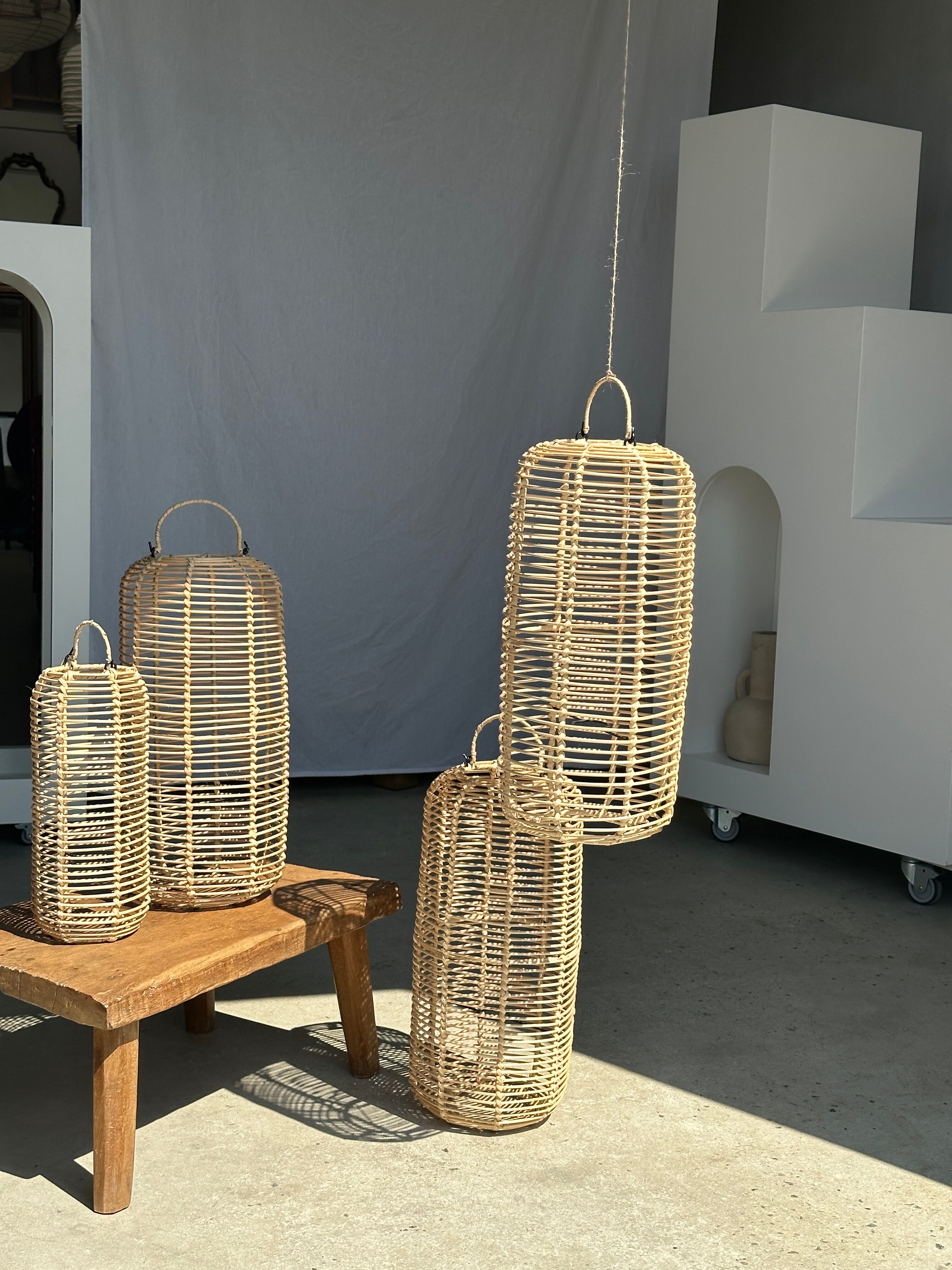 Large lantern-shaped rattan pendant lamp H50 D24