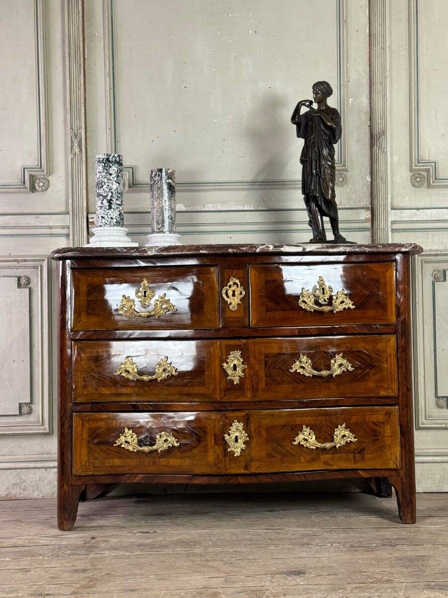 Louis XV chest of drawers in veneer and gilded bronze, Rance marble, 18th century
