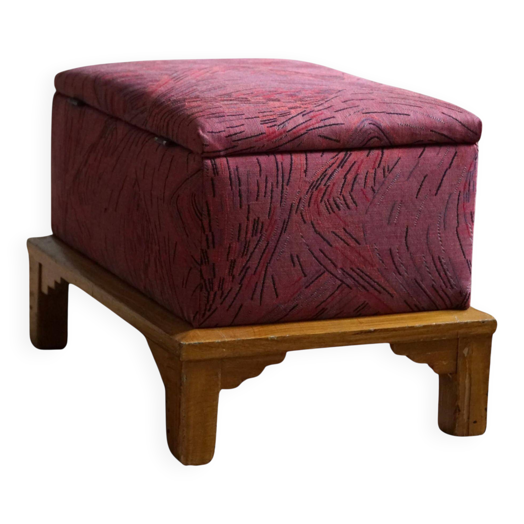 Sculptural French Art Deco stool with storage, reupholstered, made in the 1940s.