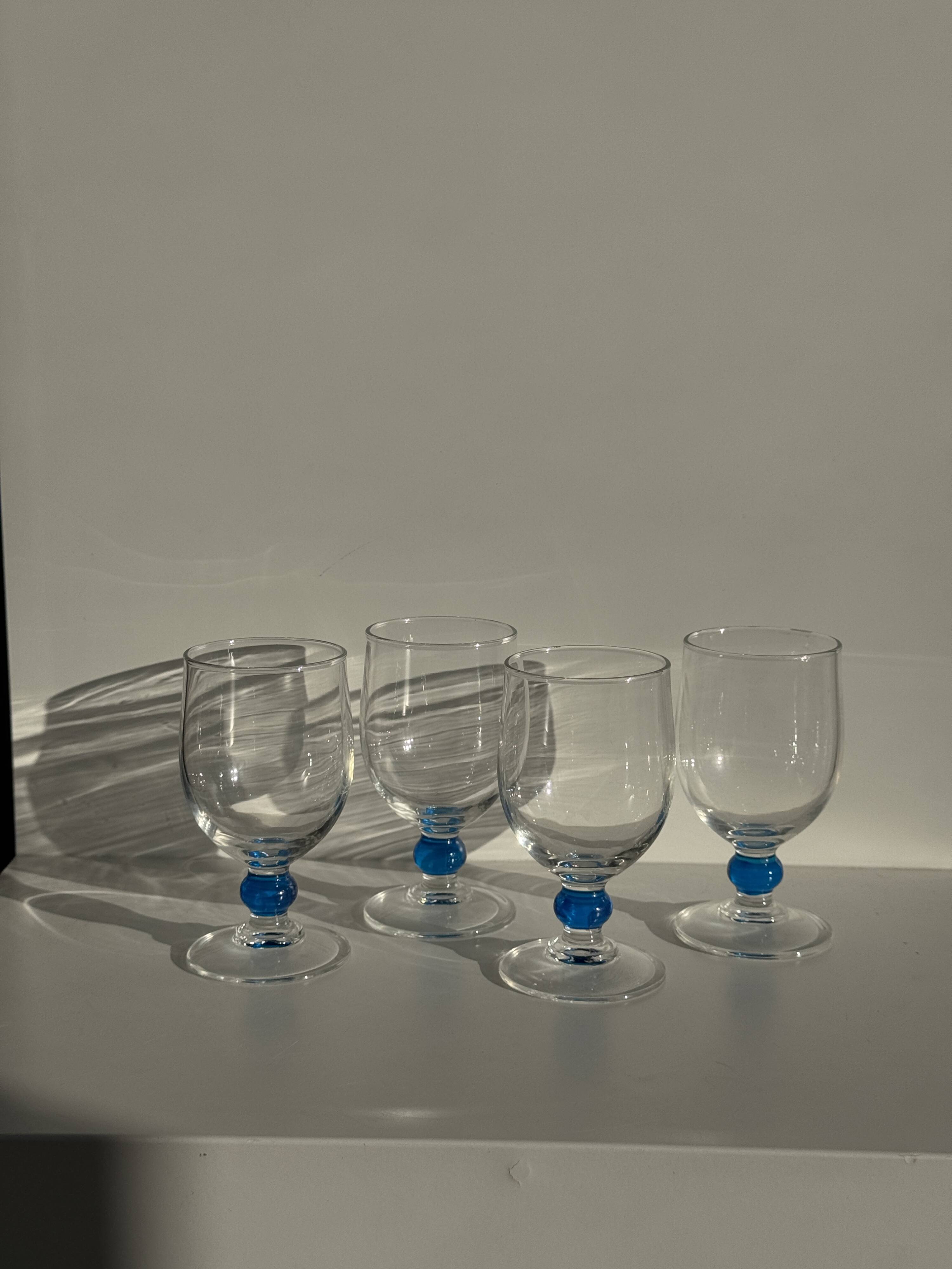 Set of 4 blue ball stemmed water glasses