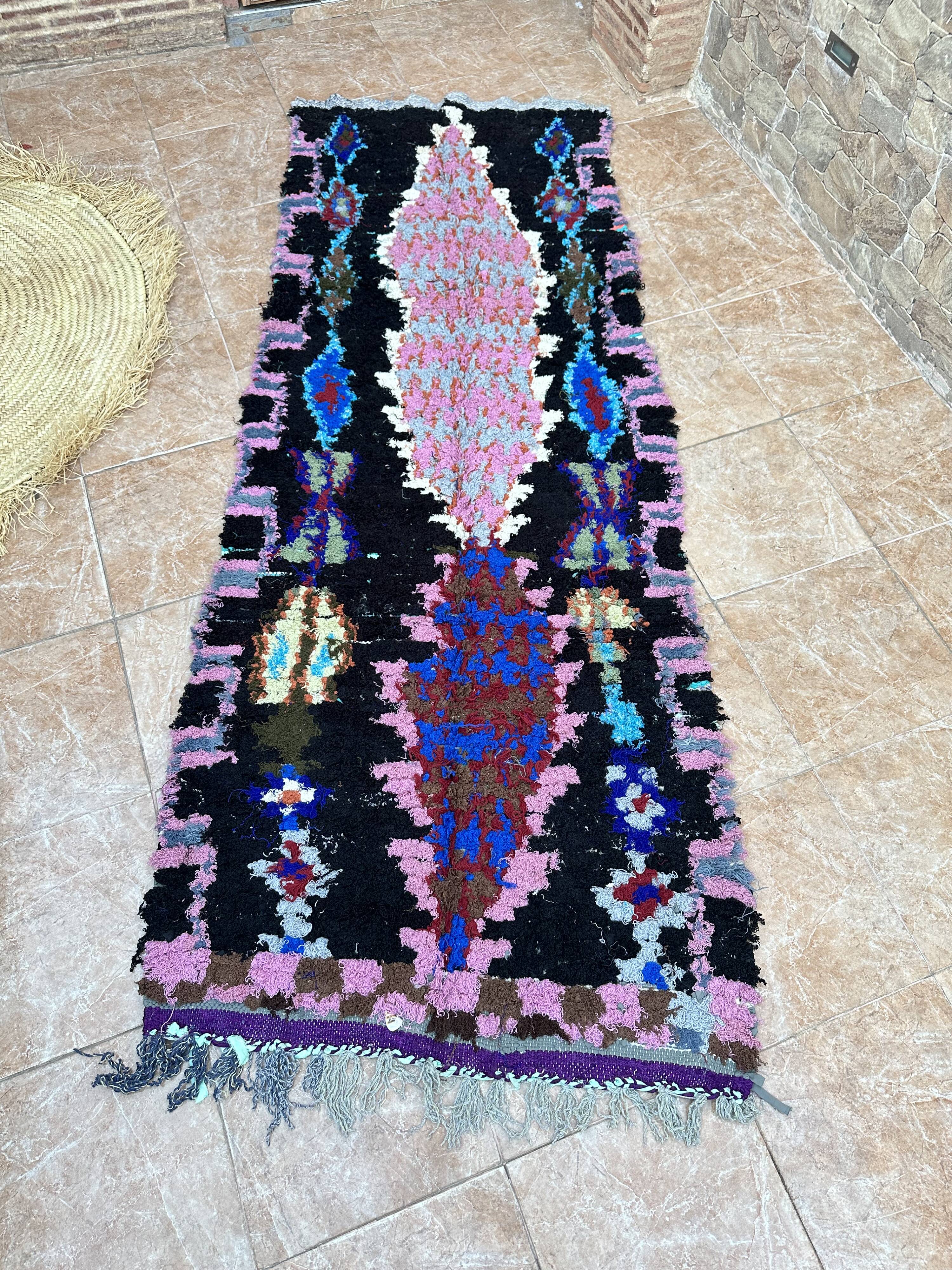 Vintage Berber Boucherouite hallway rug: Handwoven Moroccan rug.