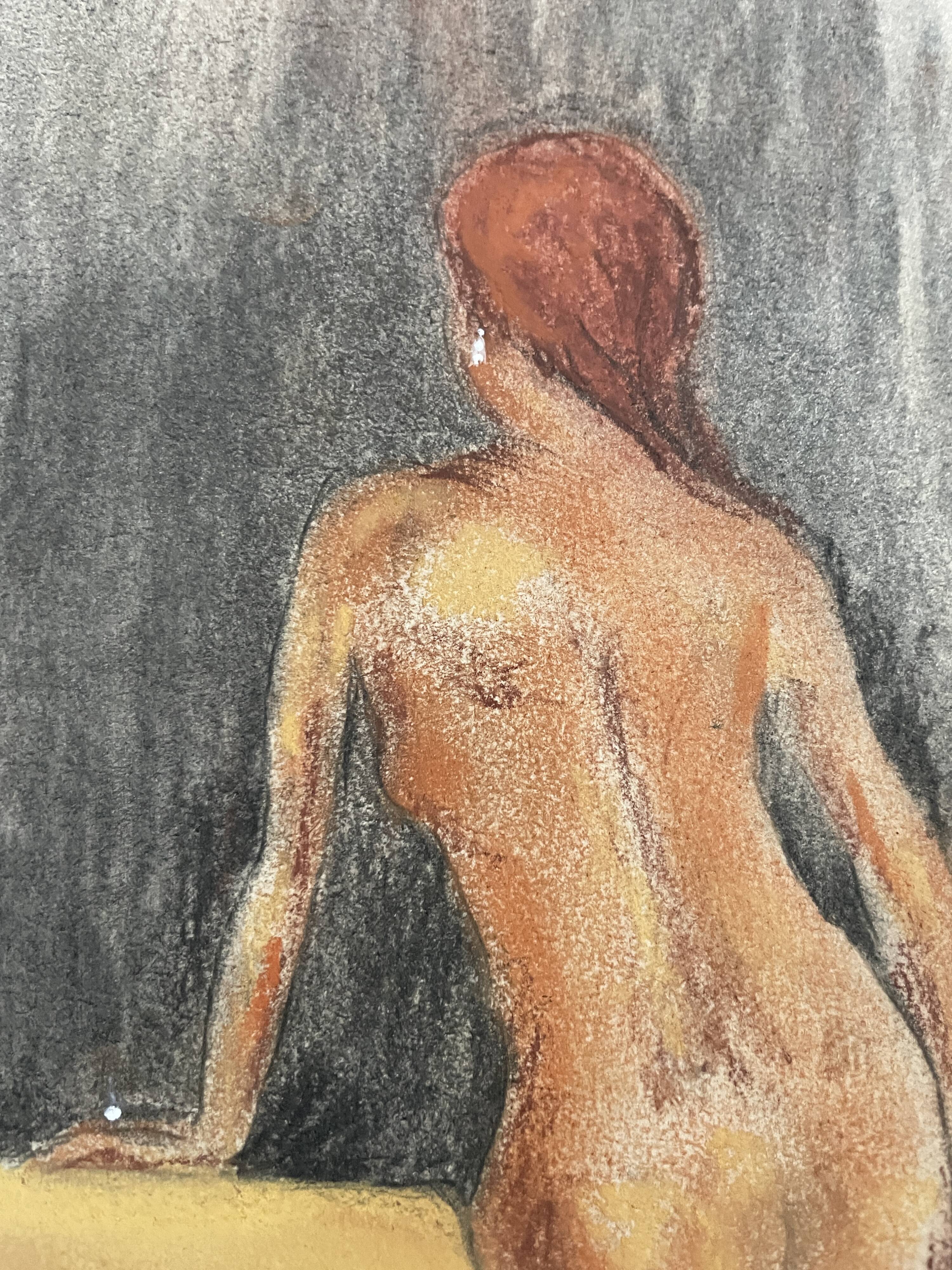 Painting signed pastel female portrait “the ocher sofa” 42x30 cm