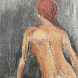 Painting signed pastel female portrait “the ocher sofa” 42x30 cm