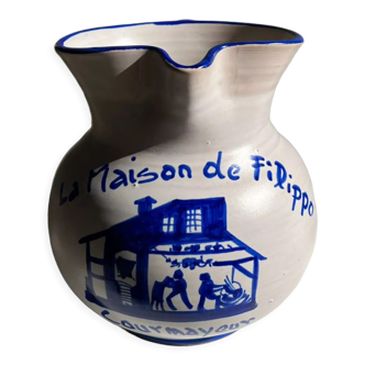 Large white handmade pitcher with blue decoration the House of Filippo Courmayeur H: 18cm