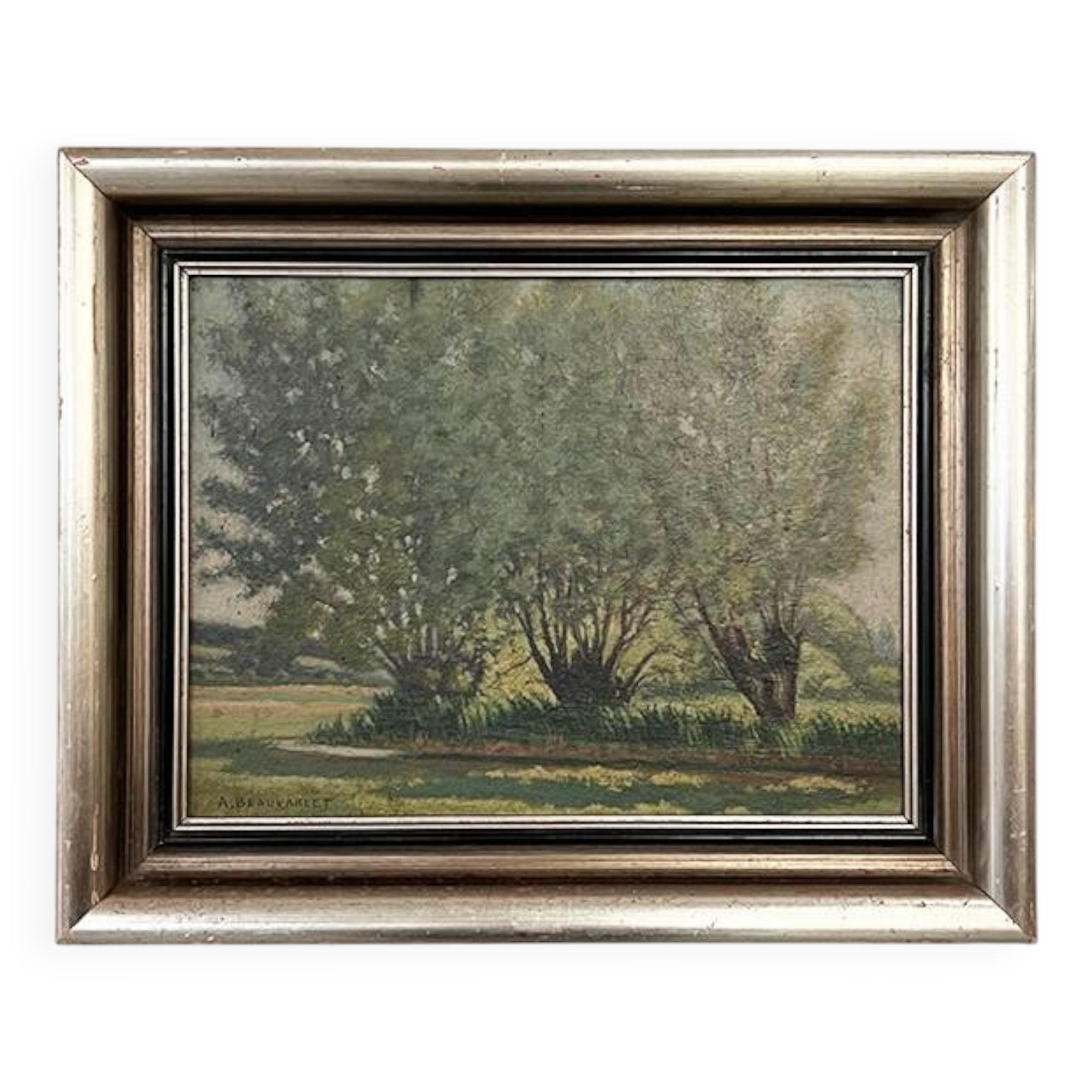 Painting "Trees on the edge of a pond", A.Beauvarlet, Oil on wood
