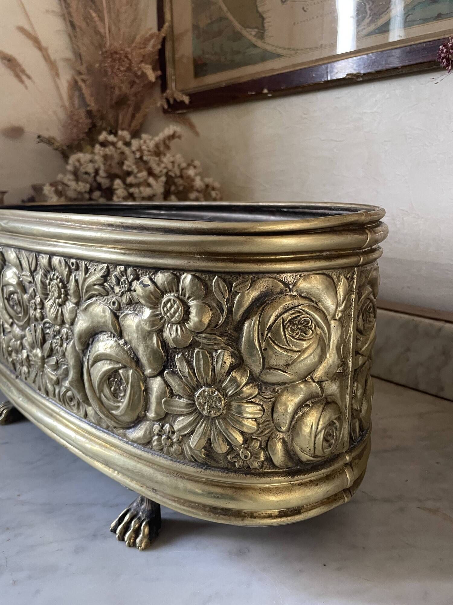 Old repoussé brass planter