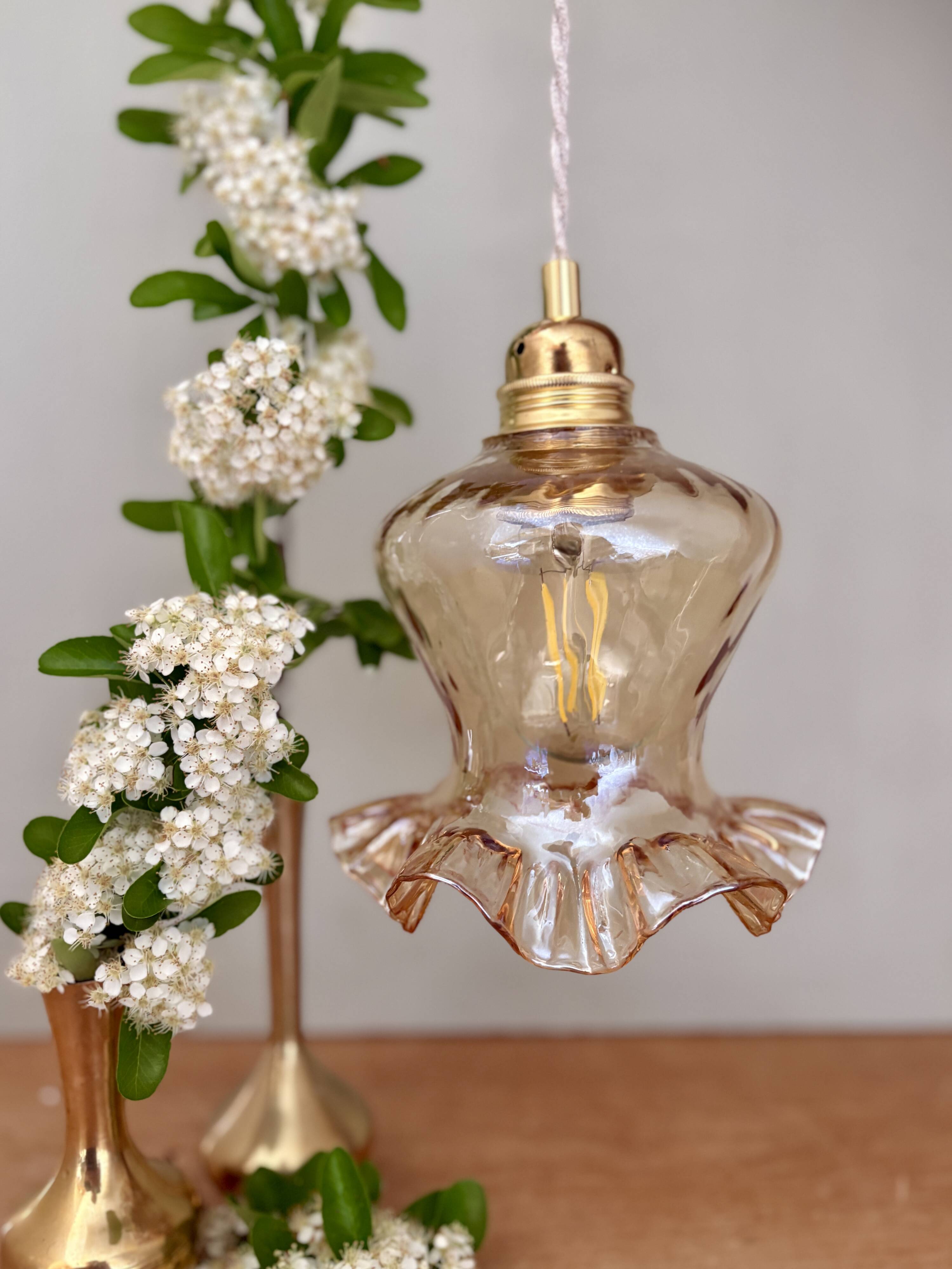 Vintage tulip pendant light in amber glass