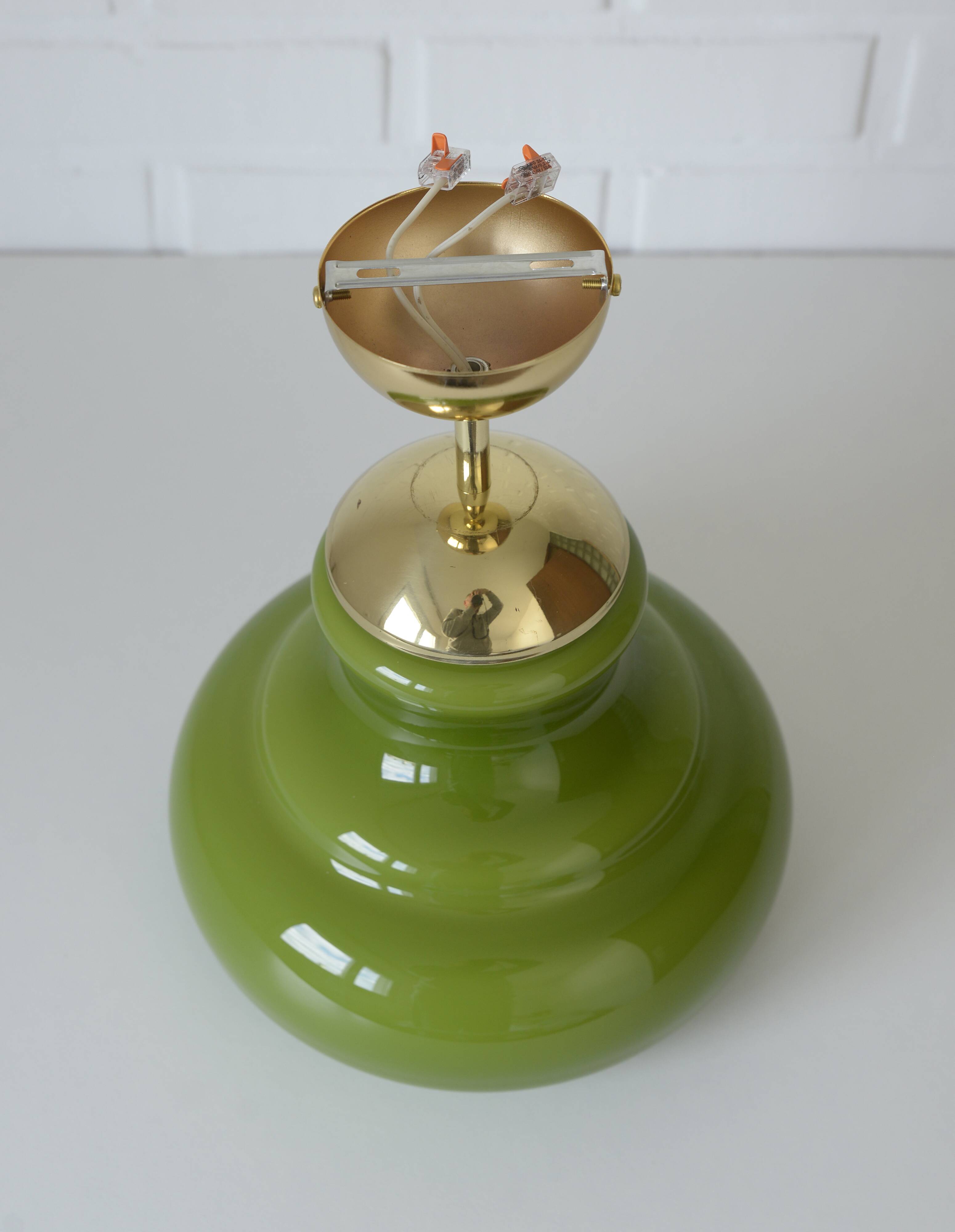 Vintage Avocado Green Glass Pendant Lamp / Yugoslavia 1970's