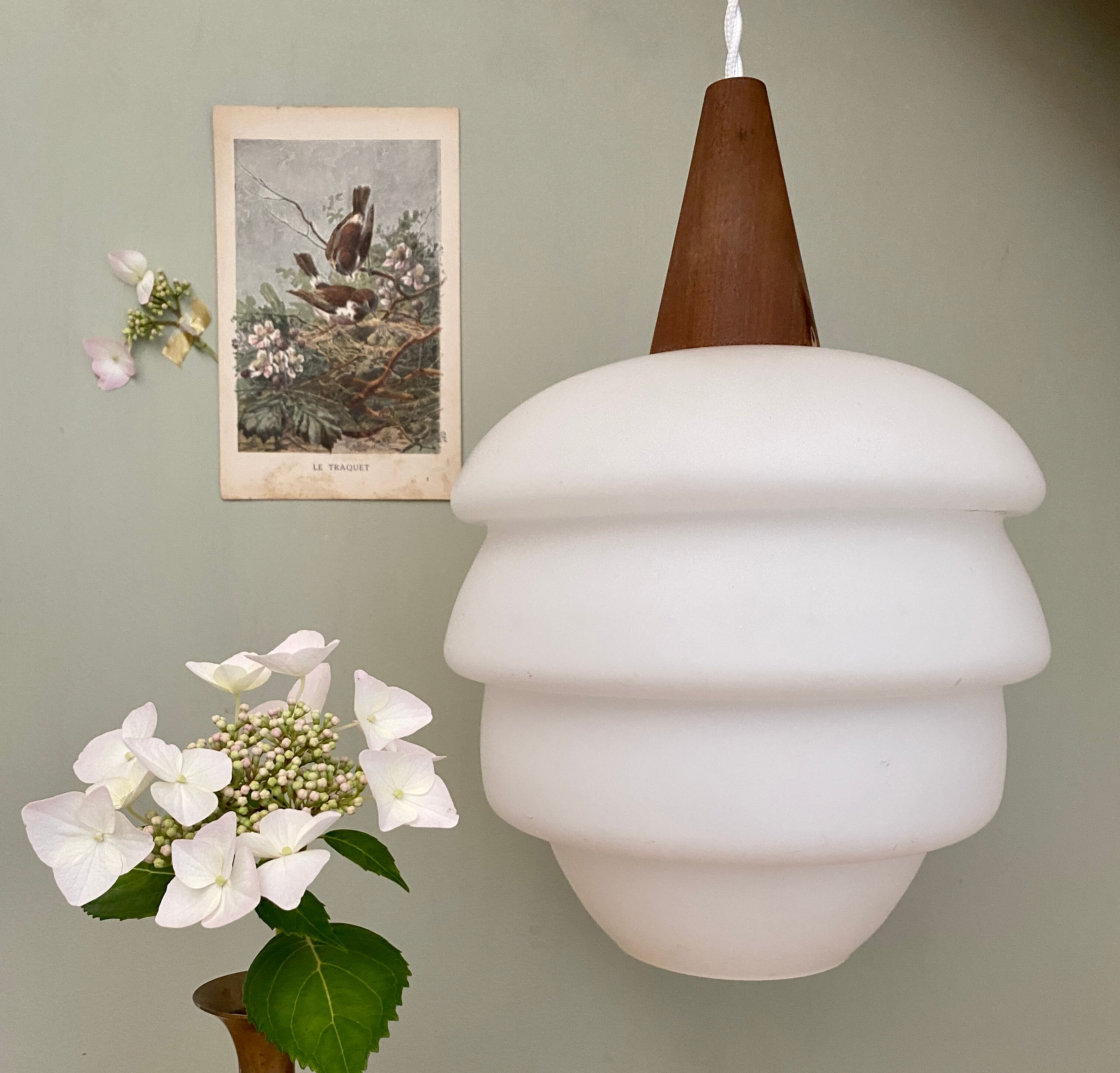 Vintage Scandinavian pendant lamp in teak and opaline