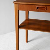 Scandinavian vintage teak nightstand with shelf and carved handle