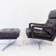 Danish black leather armchair with ottoman 70s