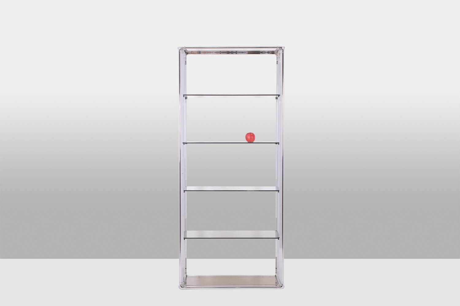 Pair of 6-shelf shelves with chrome-plated metal frames. 1970s.