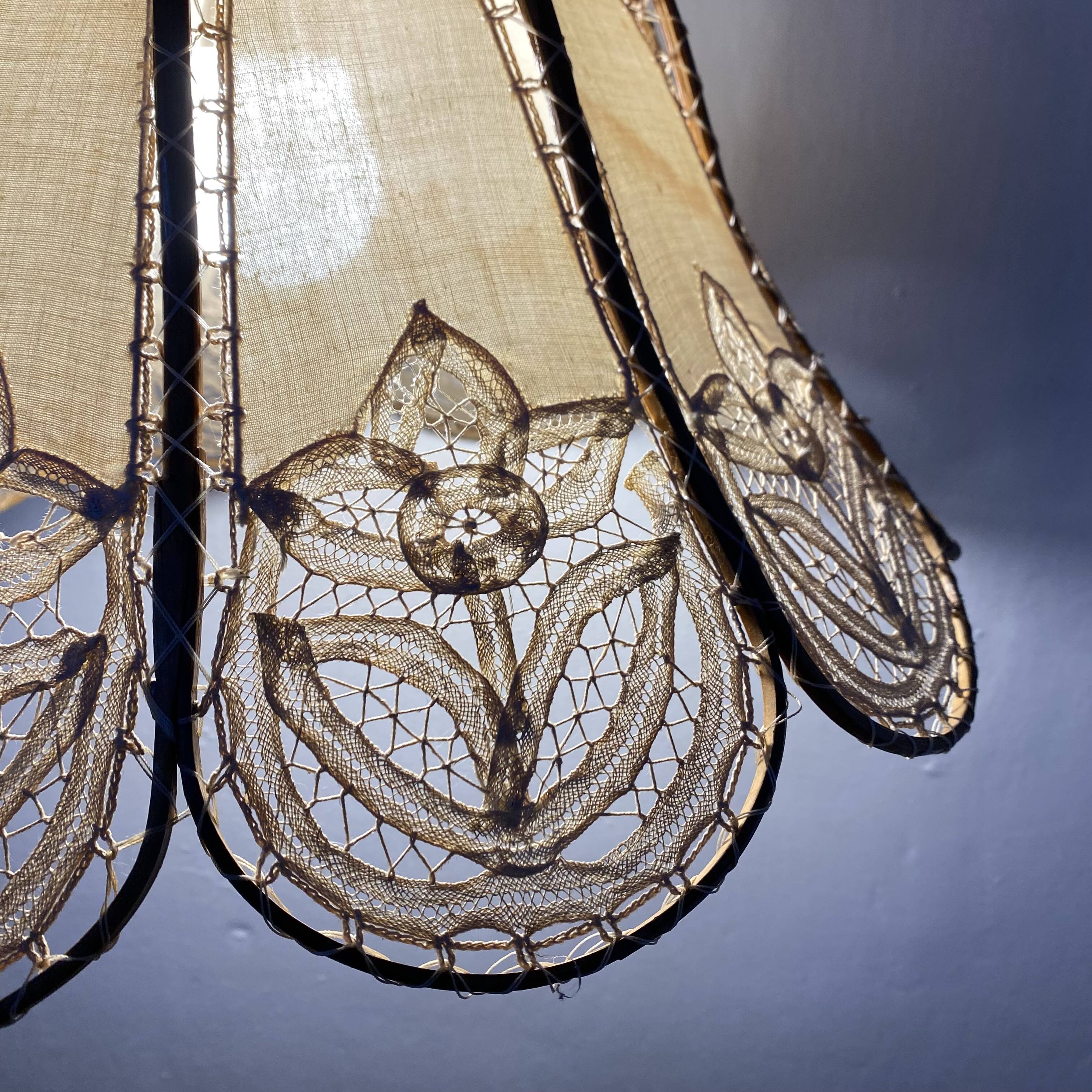 Antique hanging lampshade in rattan and openwork embroidered fabric