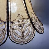 Antique hanging lampshade in rattan and openwork embroidered fabric