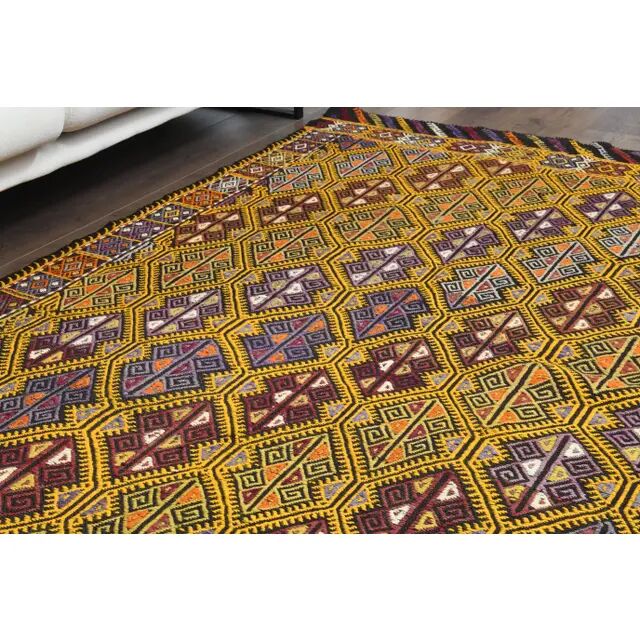Vintage Turkish Oushak Handmade Wool & Cotton Yellow Area Rug 155x223