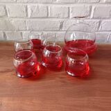 Vintage red designer glasses and carafe set, tumbler glass base